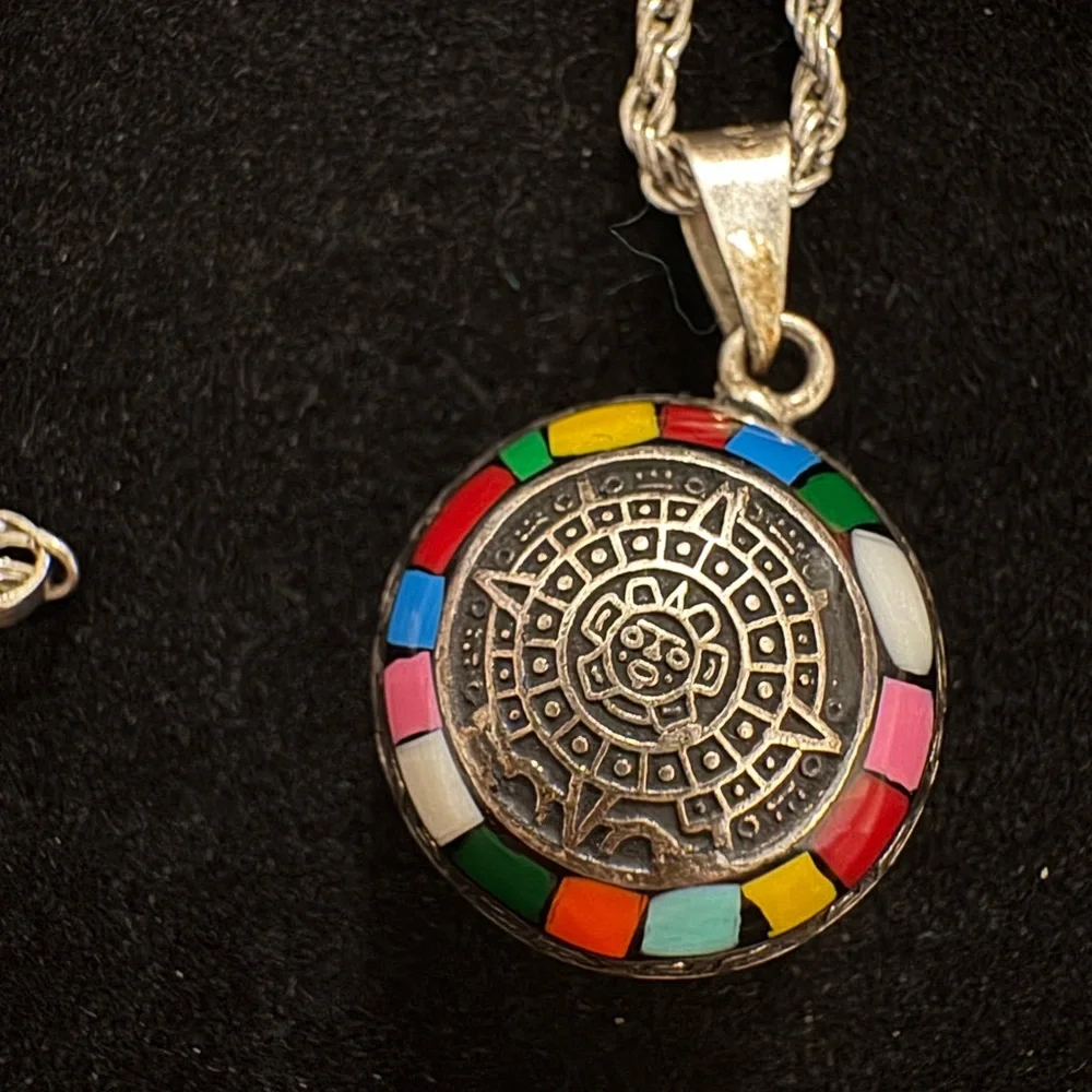 Vintage Sterling Silver Multicolor Aztec Chime Pendant Necklace - Signed Mexico